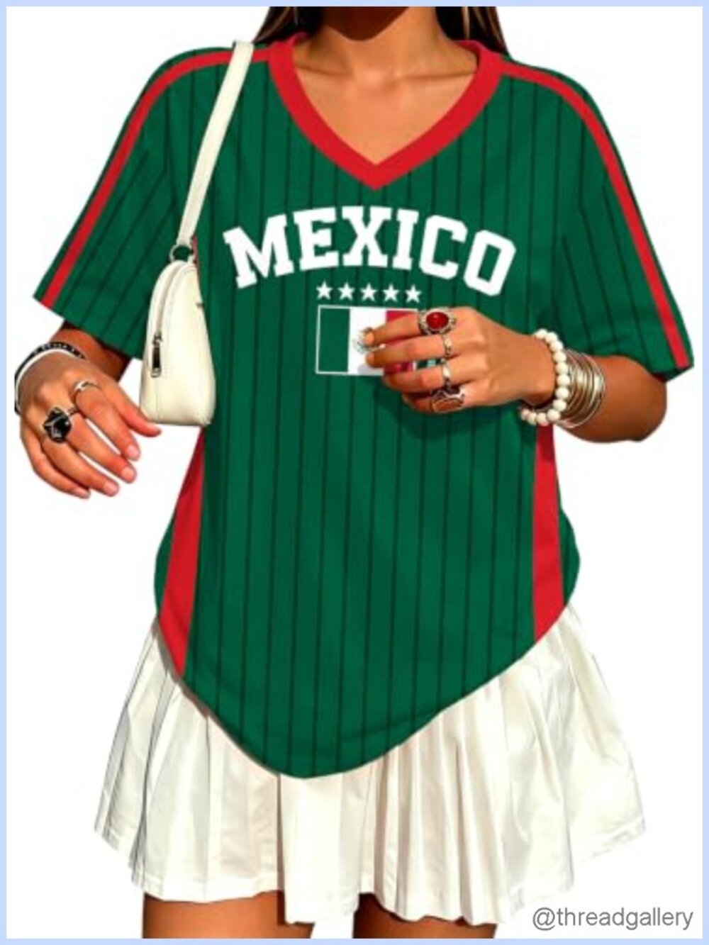 Oversized V-Neck Polyester Spandex Mexico Flag Graphic Tee